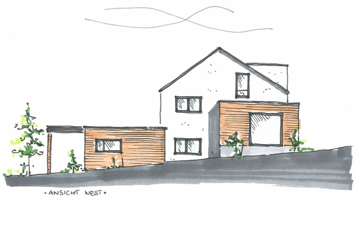 Farbige Entwurfsskizze eines Hauses mit Holzfassade, Ansicht West.