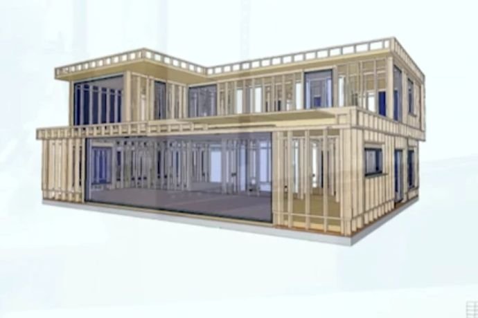 Digitales Gebäudemodell eines zweigeschossigen Holzhauses mit sichtbarem Ständerwerk, Decken und Fenstern.